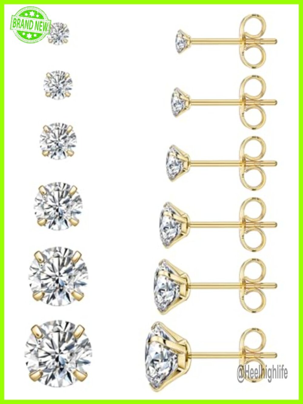 6 Pairs Cubic Zirconia Stud Earrings Set Hypoallergenic Stainless Steel 3-8mm